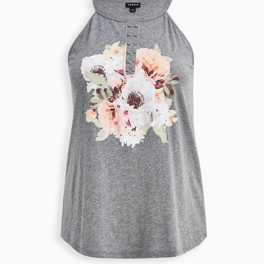 Torrid Grey Floral O-Ring Slim Fit Tank